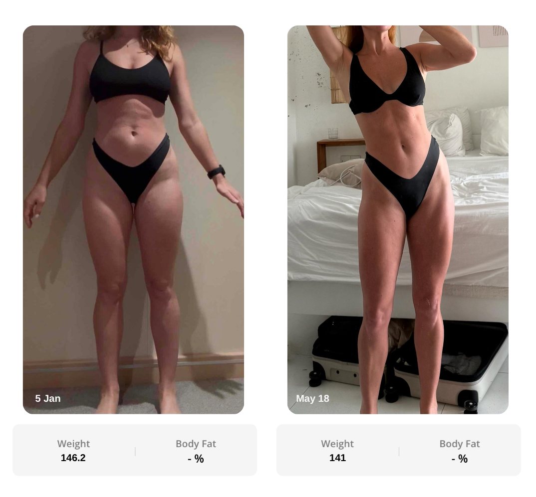 Front view before and after, 5 January at 146.2 lb and 18 May at 141 lb