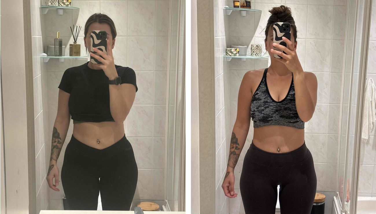 Mirror selfie front view, before on the left and after on the right