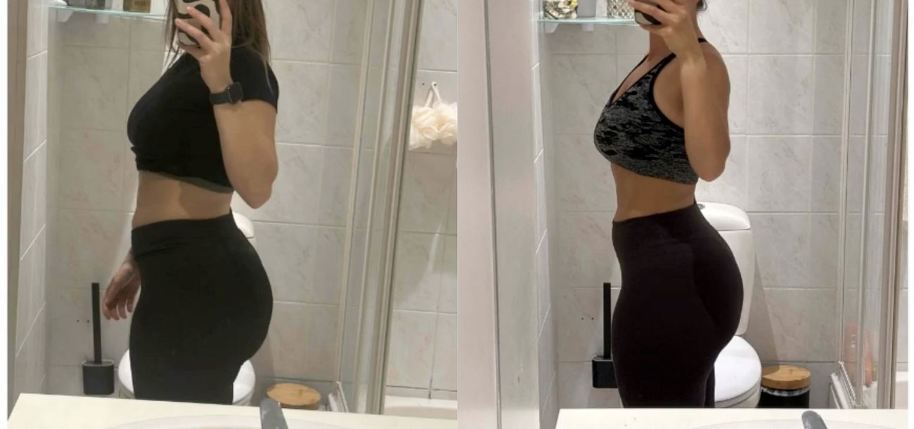 Mirror selfie side view, before on the left and after on the right