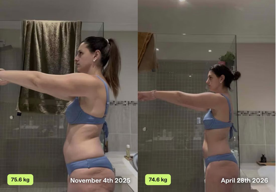 Side-view before and after, November 2025 at 75.6 kg and April 2026 at 74.6 kg