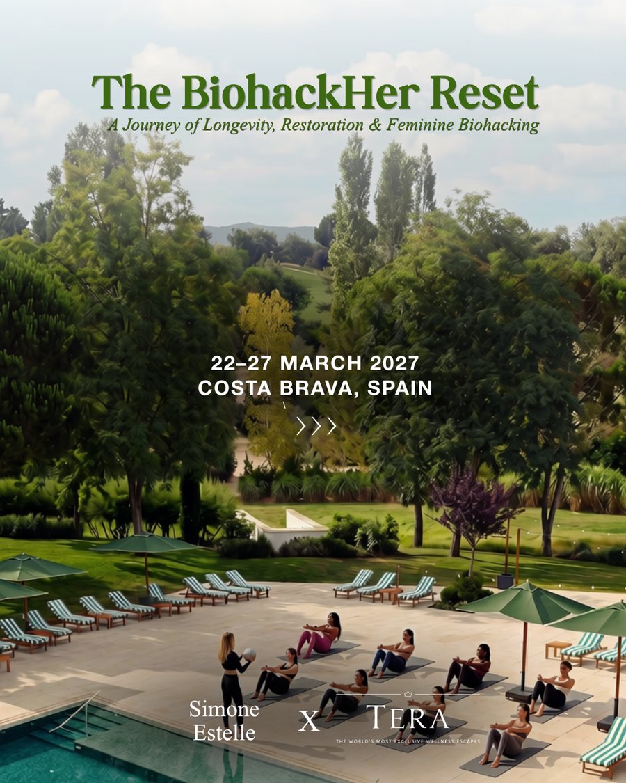 The BiohackHer Reset retreat poster: women training poolside at a garden estate, 22 to 27 March 2027, Costa Brava, Spain, Simone Estelle x Tera