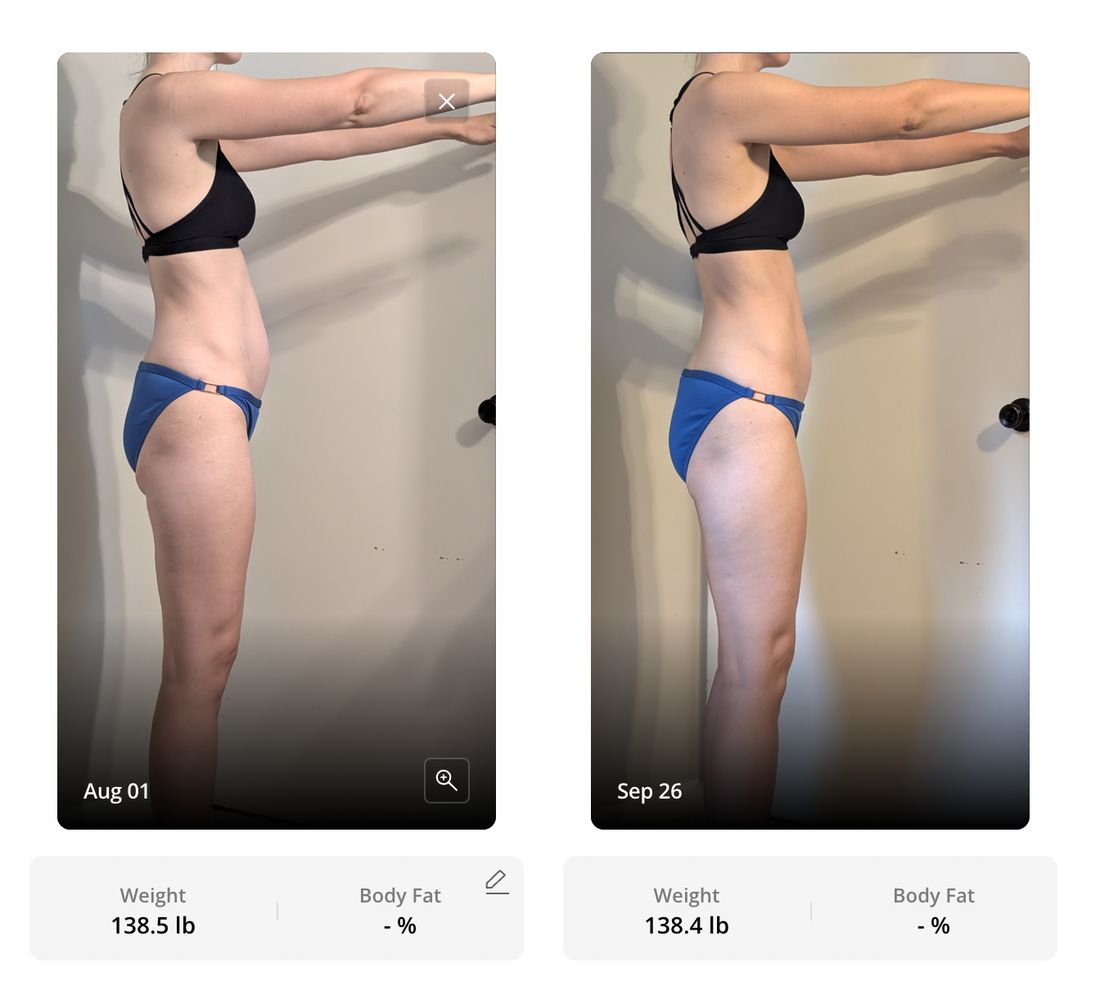 Side-view before and after, August 1 at 138.5 lb and September 26 at 138.4 lb