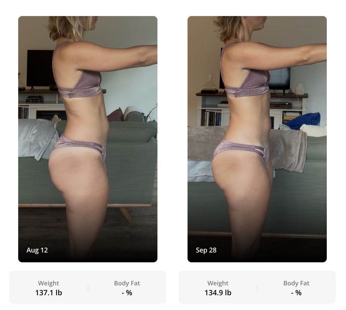 Side-view before and after, August 12 at 137.1 lb and September 28 at 134.9 lb