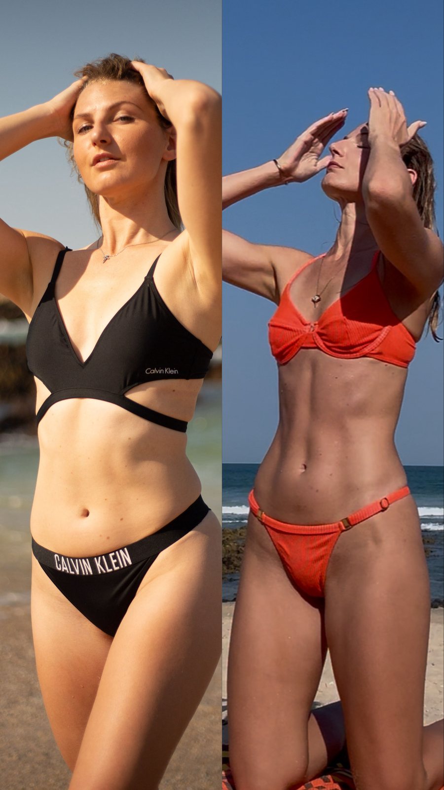 Simone's own before and after on the beach: softer stomach on the left, defined abs on the right