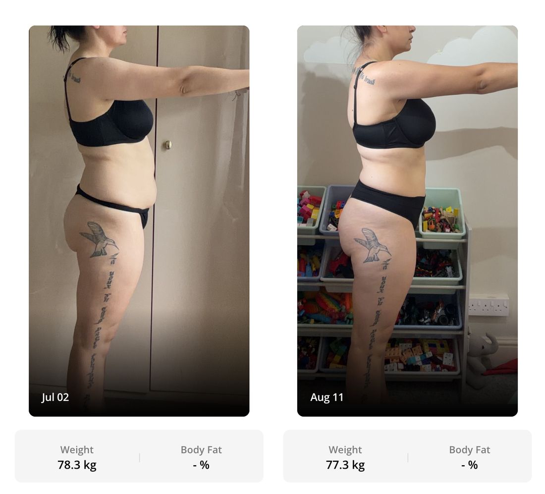 Tegan side view before and after, July 2 and August 11